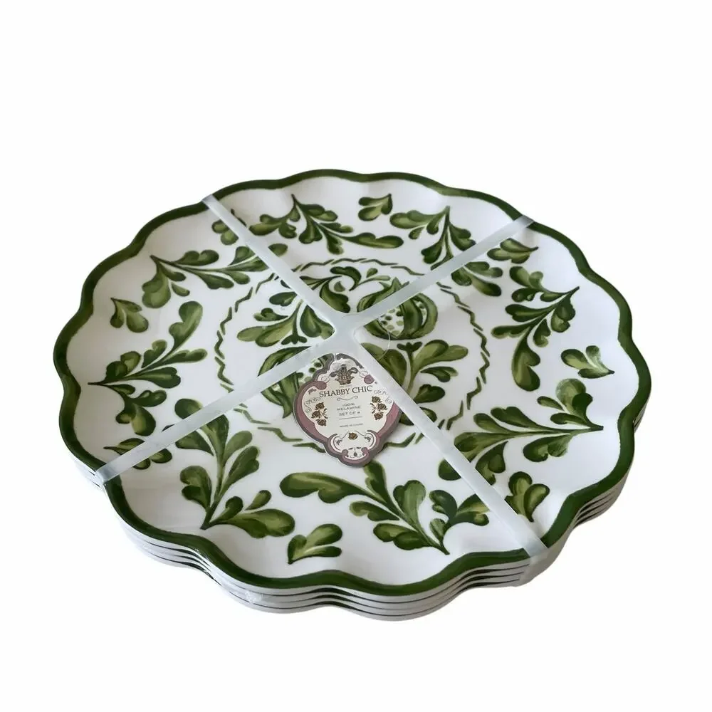 Shabby Chic Green Floral Melamine Salad Plates 8in Set of 4 Indoor Outdoor NEW